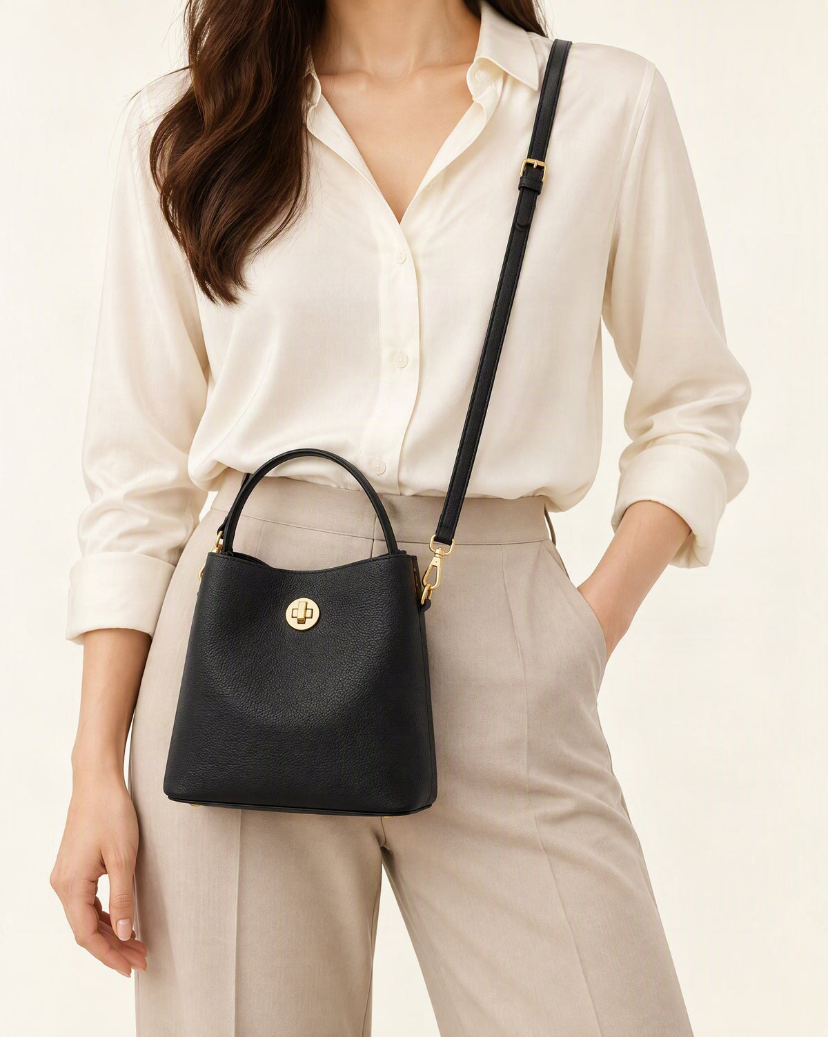 Top-Grain Cowhide Small Bucket Bag worn crossbody