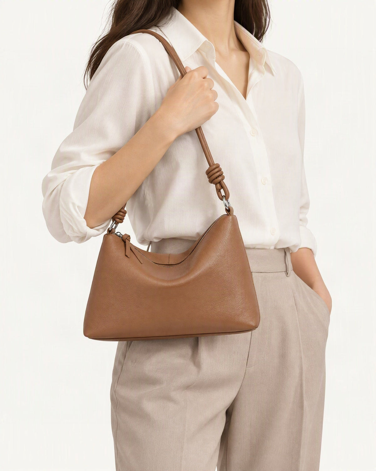 Pebbled Cowhide Leather Tote Shoulder Bag worn crossbody