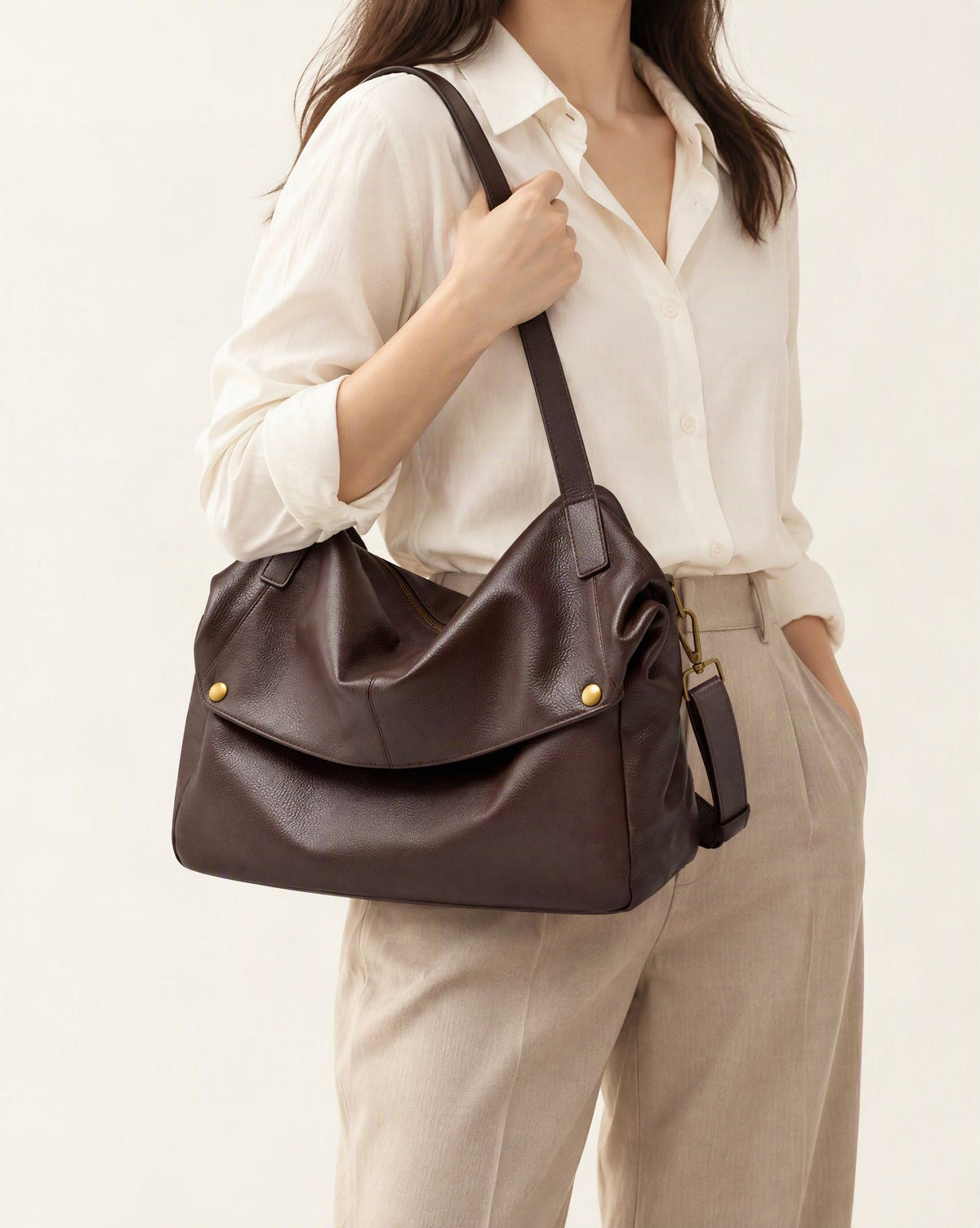 Cowhide Leather Tote Shoulder Bag with Detachable Strap worn crossbody