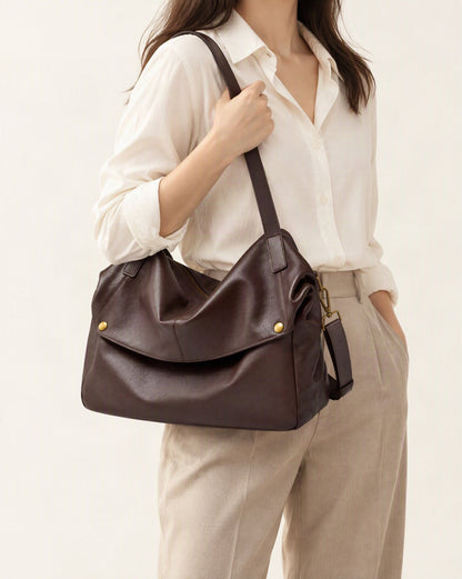 Cowhide Leather Tote Shoulder Bag with Detachable Strap worn crossbody