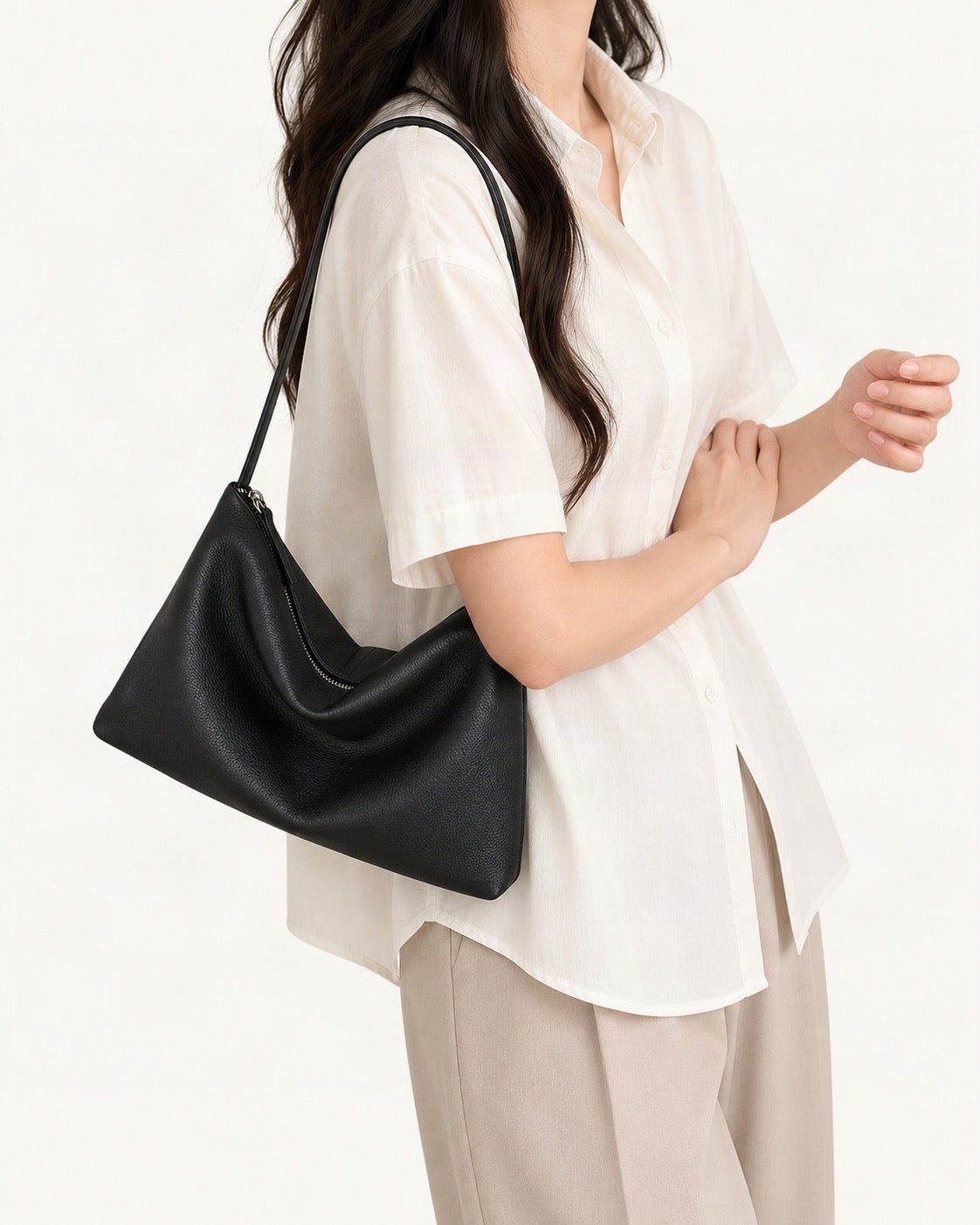 Top-Grain Cowhide Hobo Shoulder Bag worn on the shoulder