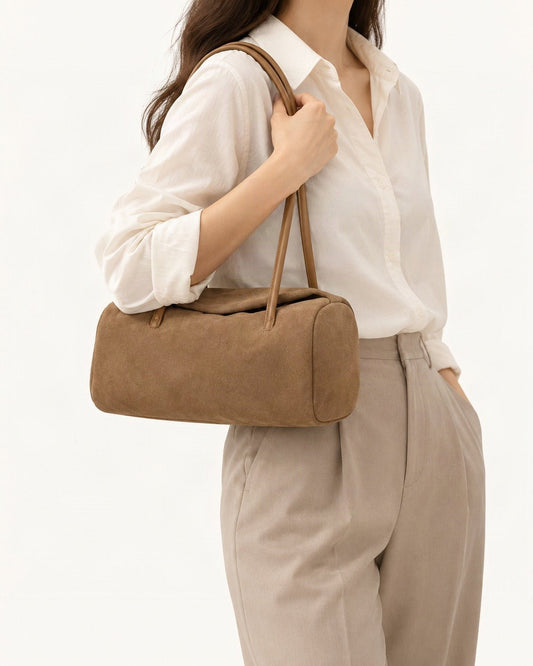 Nubuck Cowhide Boston Shoulder Tote worn crossbody
