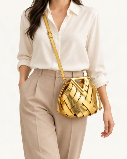 Leather Small Woven Bucket Bag worn crossbody