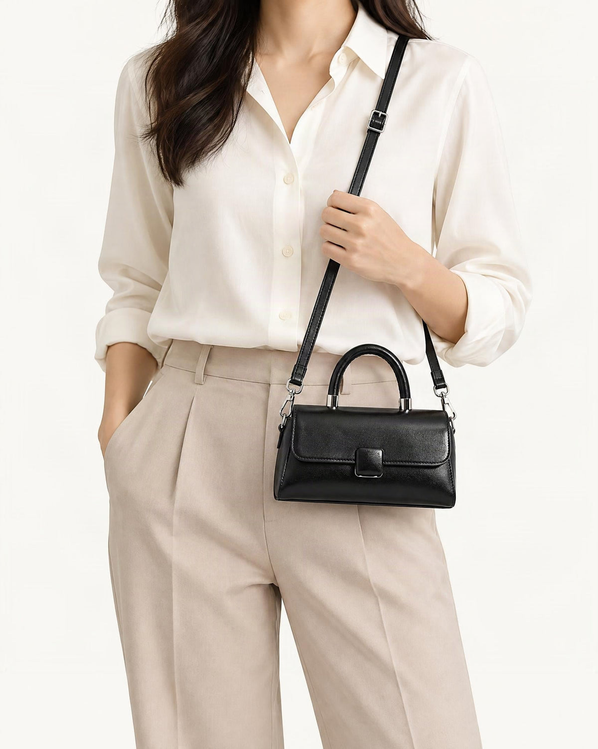 Cowhide Leather Small Top-Handle Crossbody Bag worn crossbody