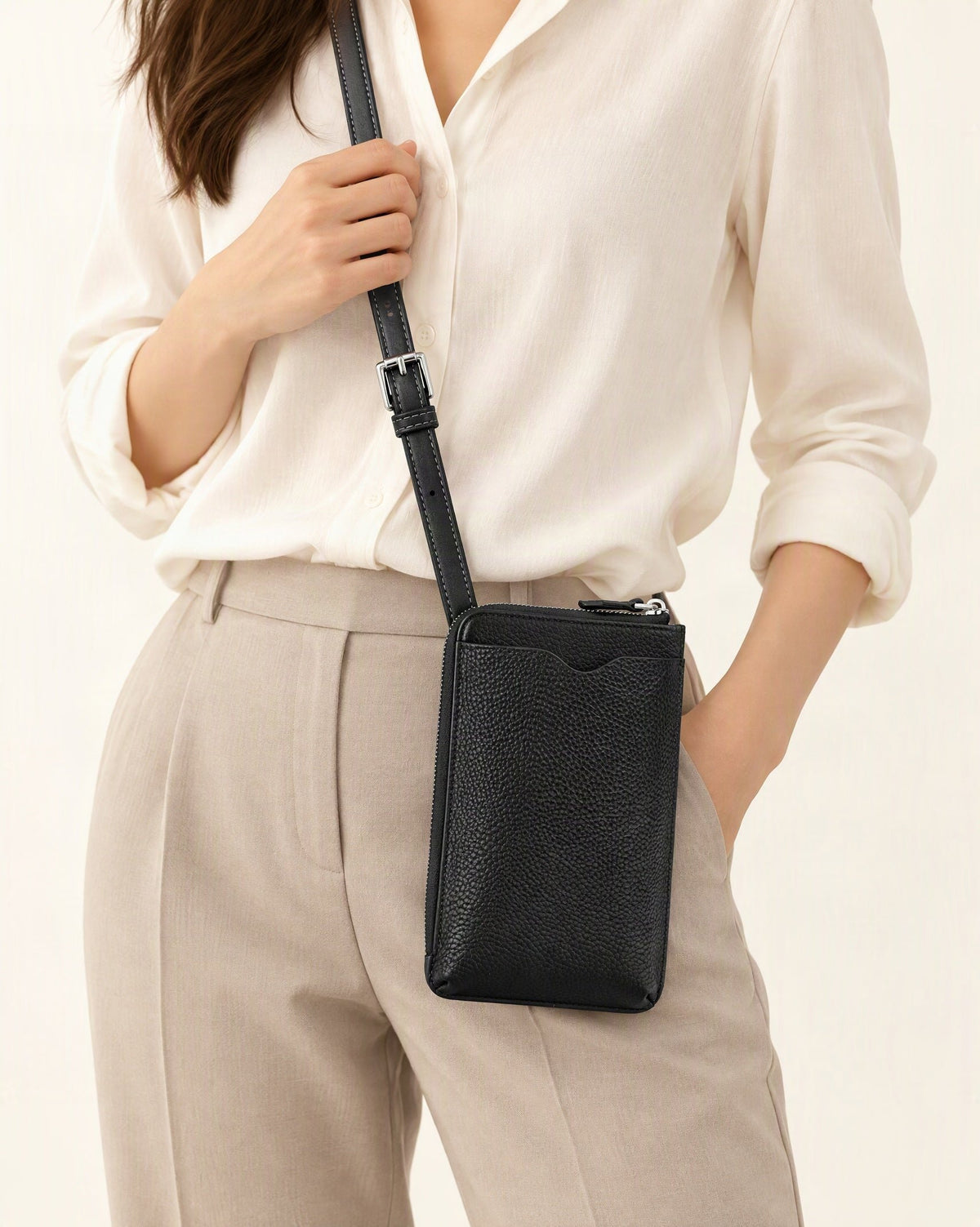 Cowhide Leather Vertical Phone Crossbody Bag worn crossbody