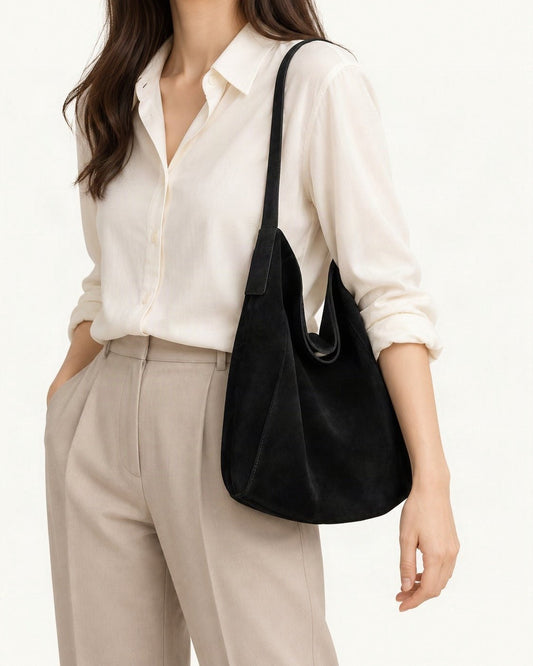 Suede Cowhide Shoulder Tote Bag worn on the shoulder