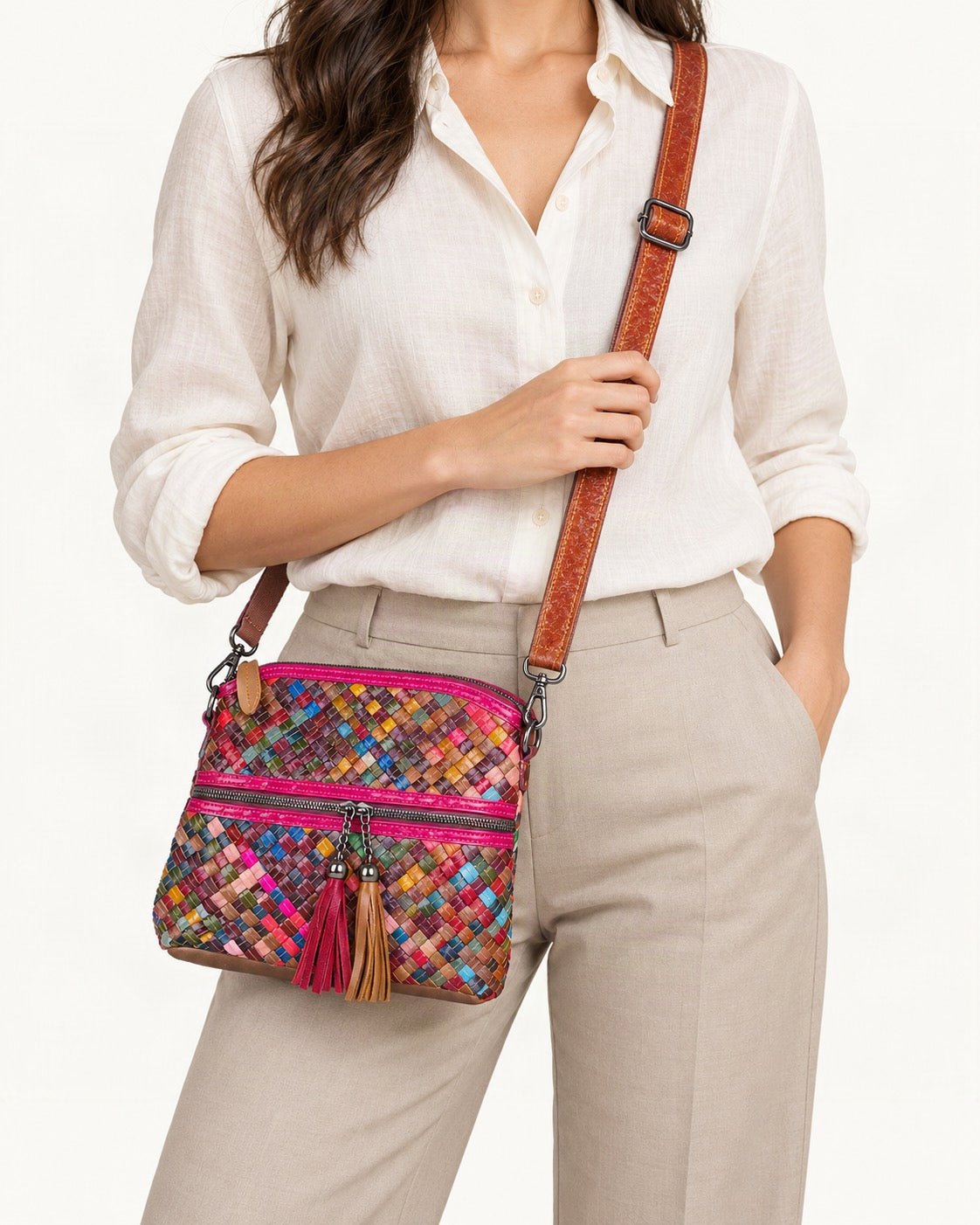 Cowhide Small Plus Crossbody Bag worn crossbody