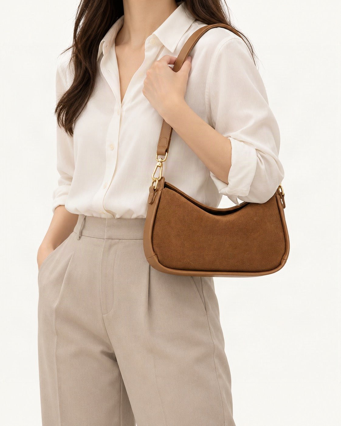 Suede Cowhide Small Plus Shoulder Bag worn on the shoulder