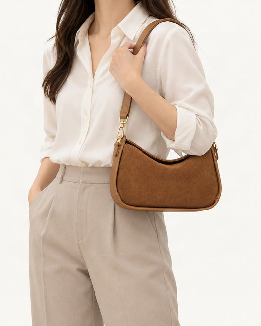 Suede Cowhide Small Plus Shoulder Bag worn on the shoulder