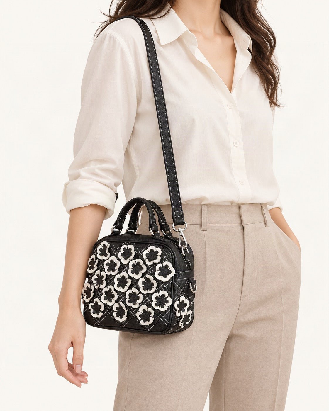 Top-Grain Cowhide Shoulder Crossbody Bag worn crossbody