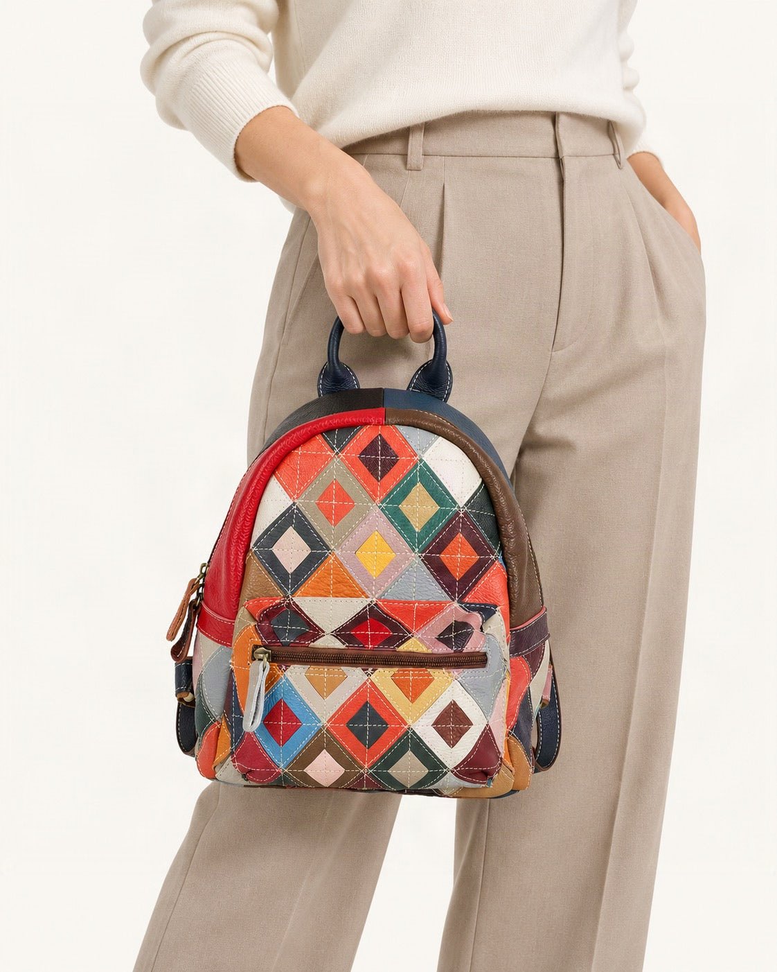 Top-Grain Cowhide Patchwork Backpack worn as a backpack