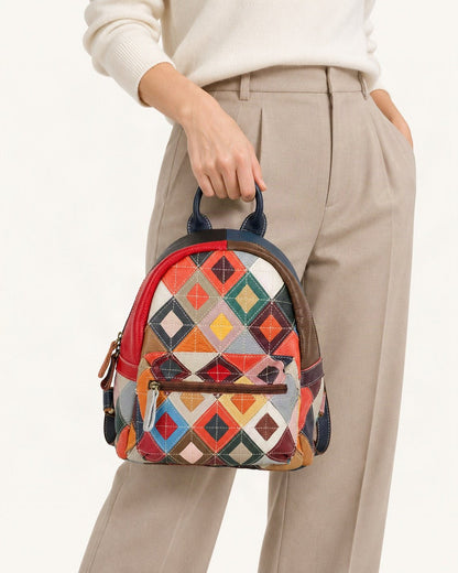 Top-Grain Cowhide Patchwork Backpack worn as a backpack