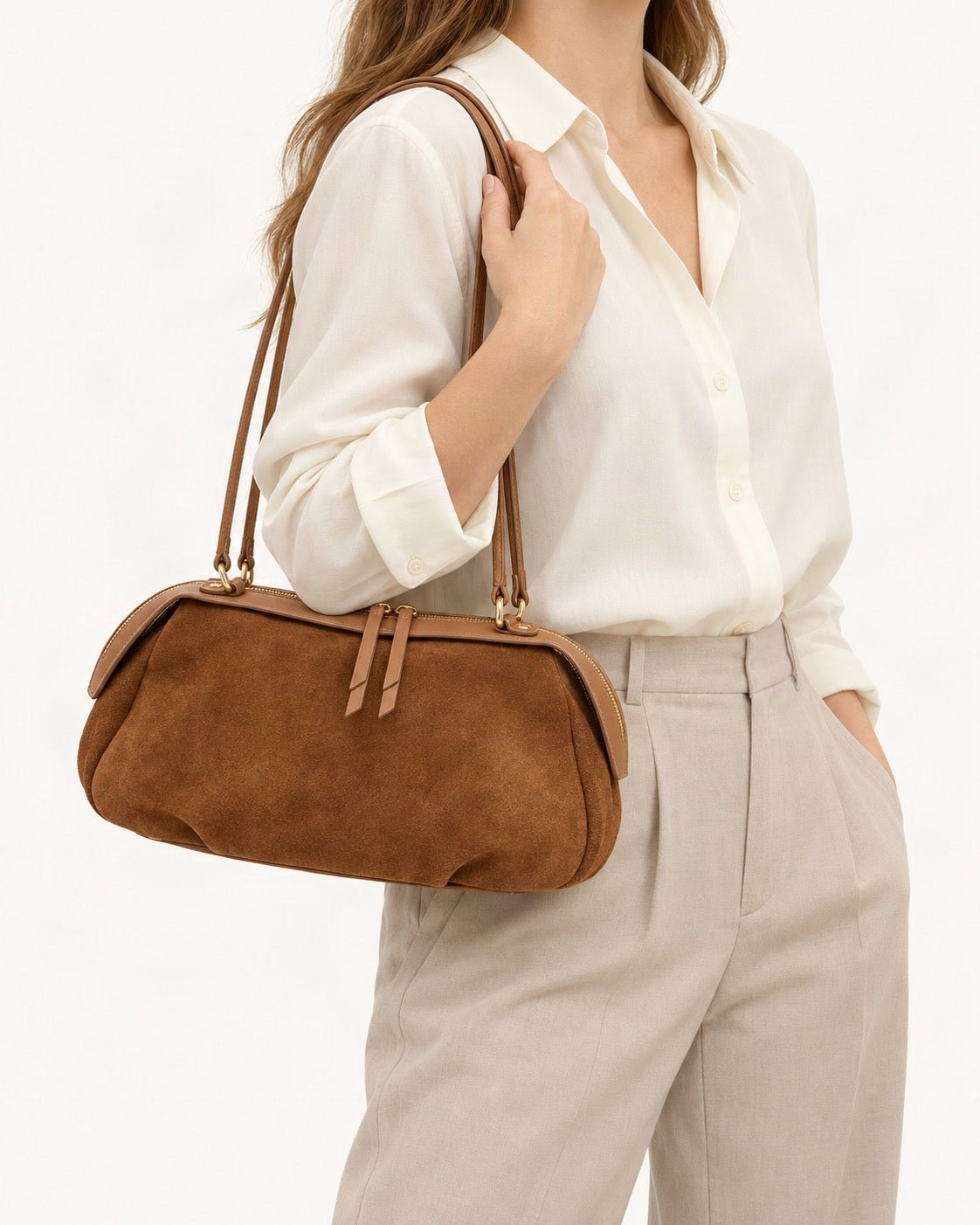 Suede Cowhide Shoulder Bag – Color Options worn on the shoulder