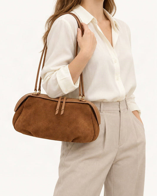 Suede Cowhide Shoulder Bag – Color Options worn on the shoulder