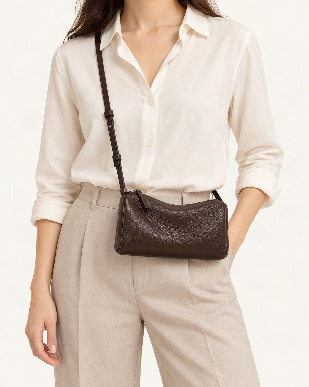 Cowhide Leather Small Barrel Crossbody Bag worn crossbody