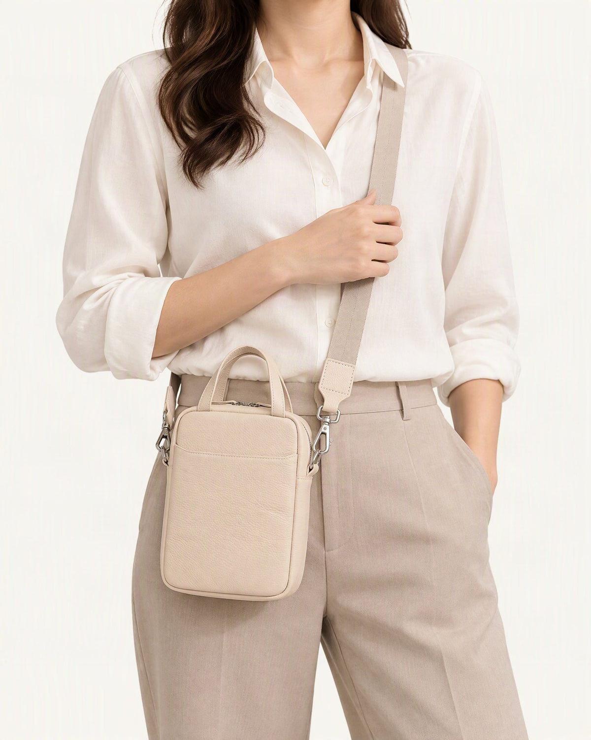 Pebbled Cowhide Leather Mini Crossbody Phone Bag worn crossbody
