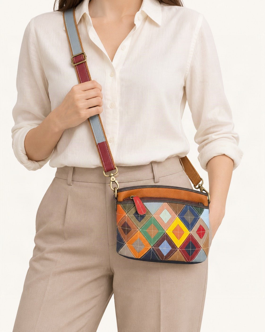 Top-Grain Cowhide Small Crossbody Bag worn crossbody