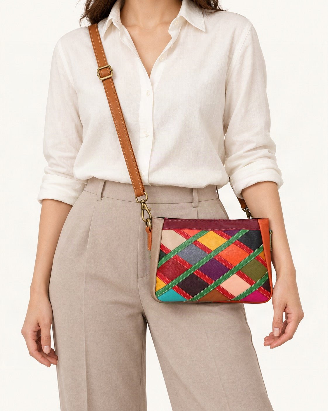 Top-Grain Cowhide Patchwork Crossbody Bag worn crossbody