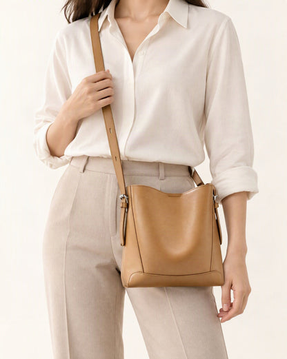 Genuine Leather Bucket Bag - Small Capacity Crossbody worn crossbody
