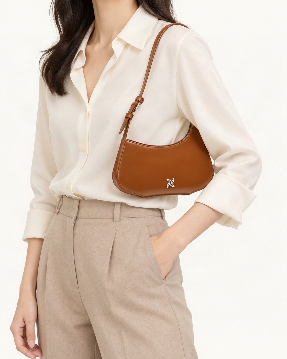 Cowhide Leather Crescent Shoulder Bag worn on the shoulder