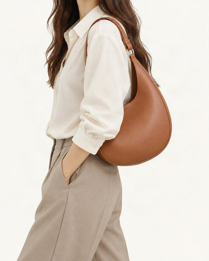 Split Leather Crescent Shoulder Bag worn crossbody