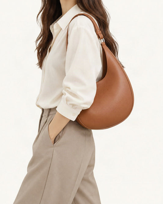 Split Leather Crescent Shoulder Bag worn crossbody