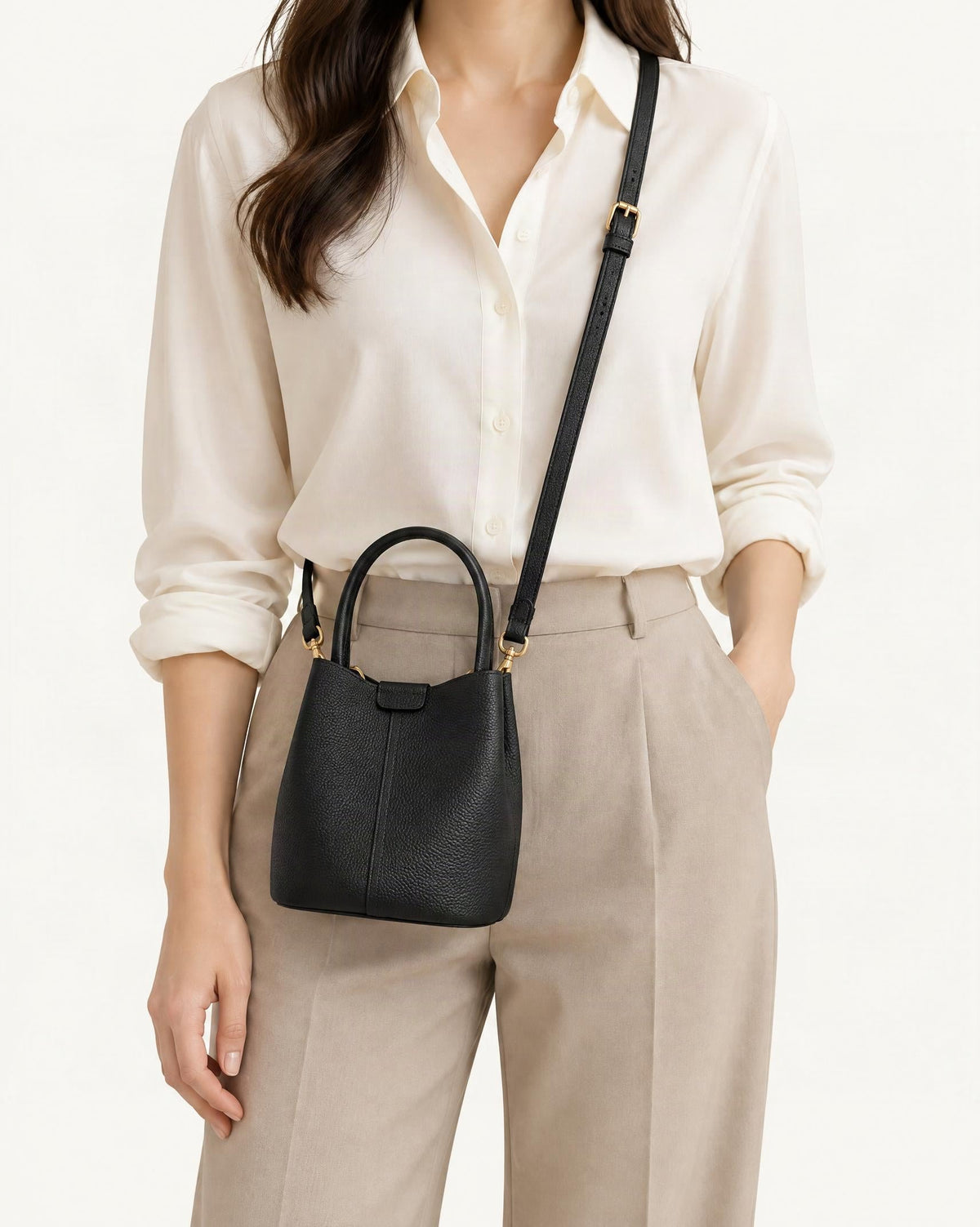 Top-Grain Cowhide Mini Bucket Bag worn crossbody