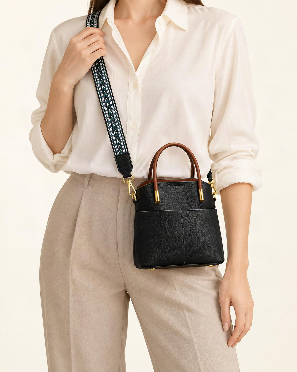 Cowhide Leather Bucket Bag with Woven Strap worn crossbody