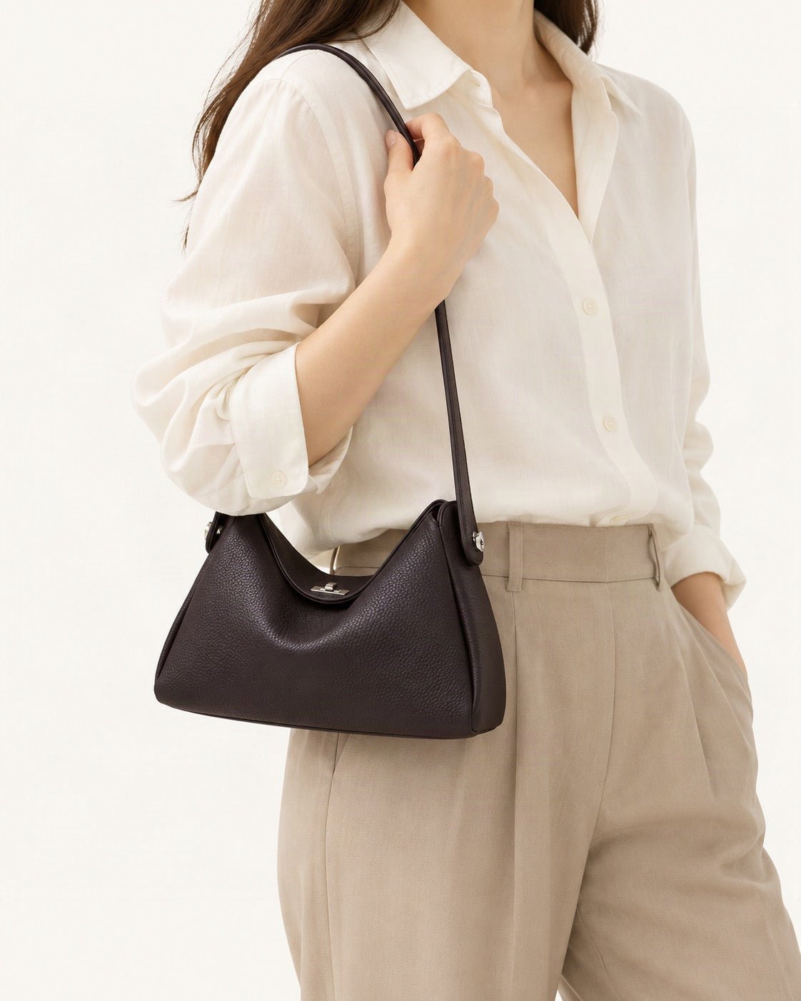 Pebbled Cowhide Leather Underarm Crossbody Bag worn crossbody