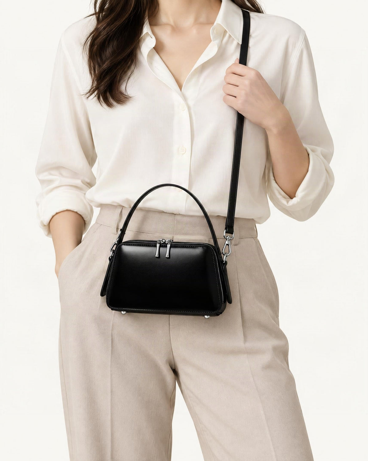 Cowhide Leather Small Crossbody Bag – Color Options worn crossbody