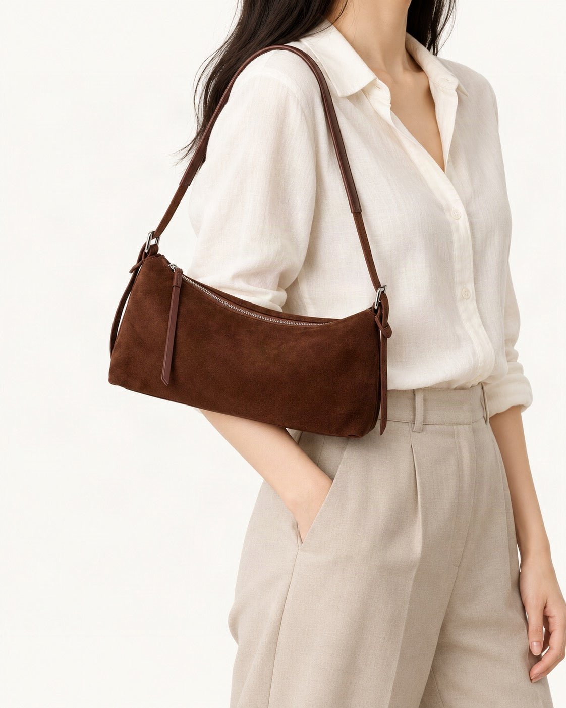 Suede Cowhide Shoulder Bag worn on the shoulder