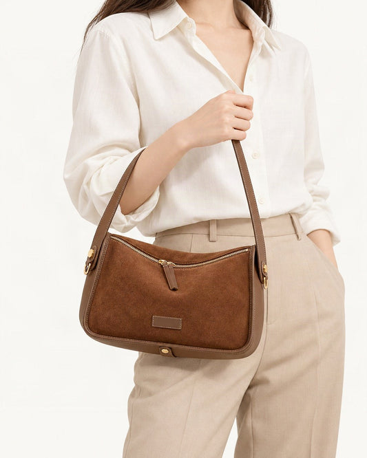 Suede Cowhide Small Crossbody Bag worn crossbody