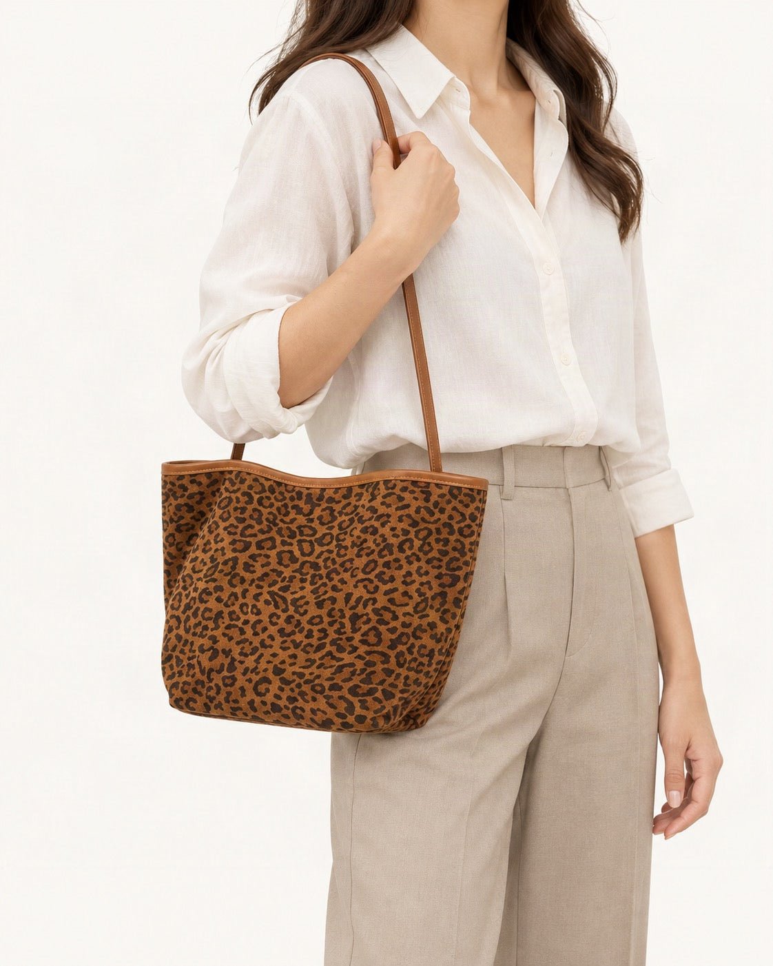 Suede Bucket Tote Bag worn on the shoulder
