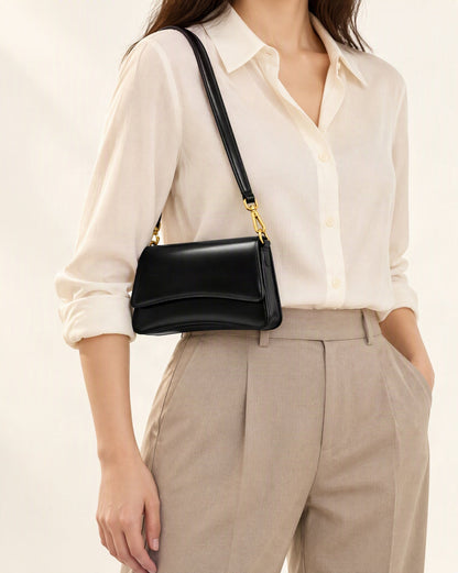 Cowhide Leather Small Shoulder Bag with Flap Closure worn crossbody