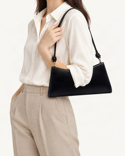 Cowhide Leather Underarm Shoulder Bag with Knotted Strap worn crossbody
