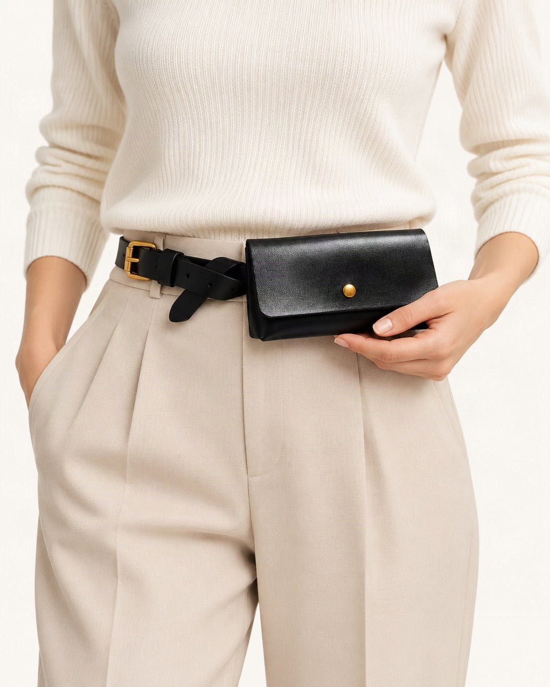 Split Leather Belt Bag held in hand by a model