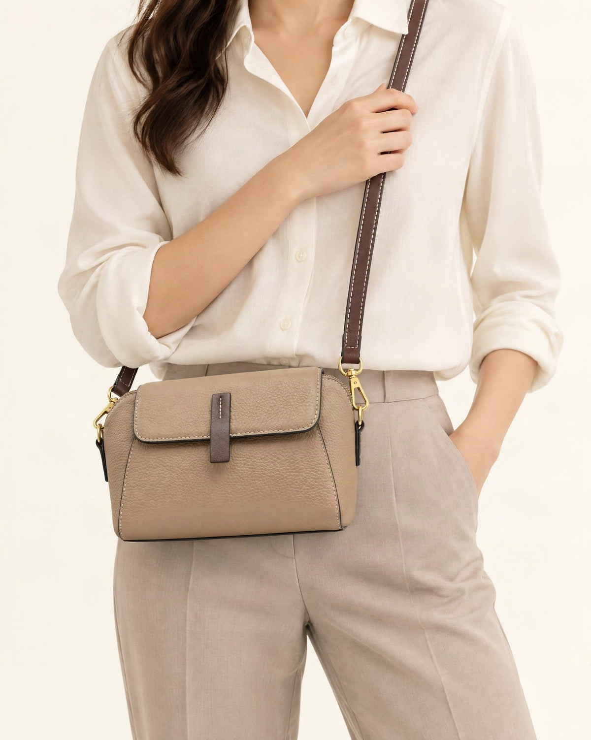 Cowhide Small Shell Crossbody Bag worn crossbody