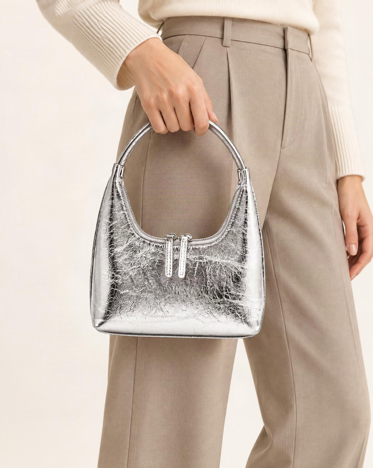 Cowhide Mini Top-Handle Hobo Bag with Double Zipper worn crossbody