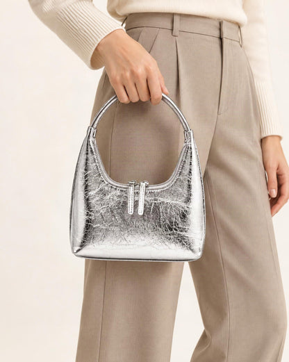 Cowhide Mini Top-Handle Hobo Bag with Double Zipper worn crossbody