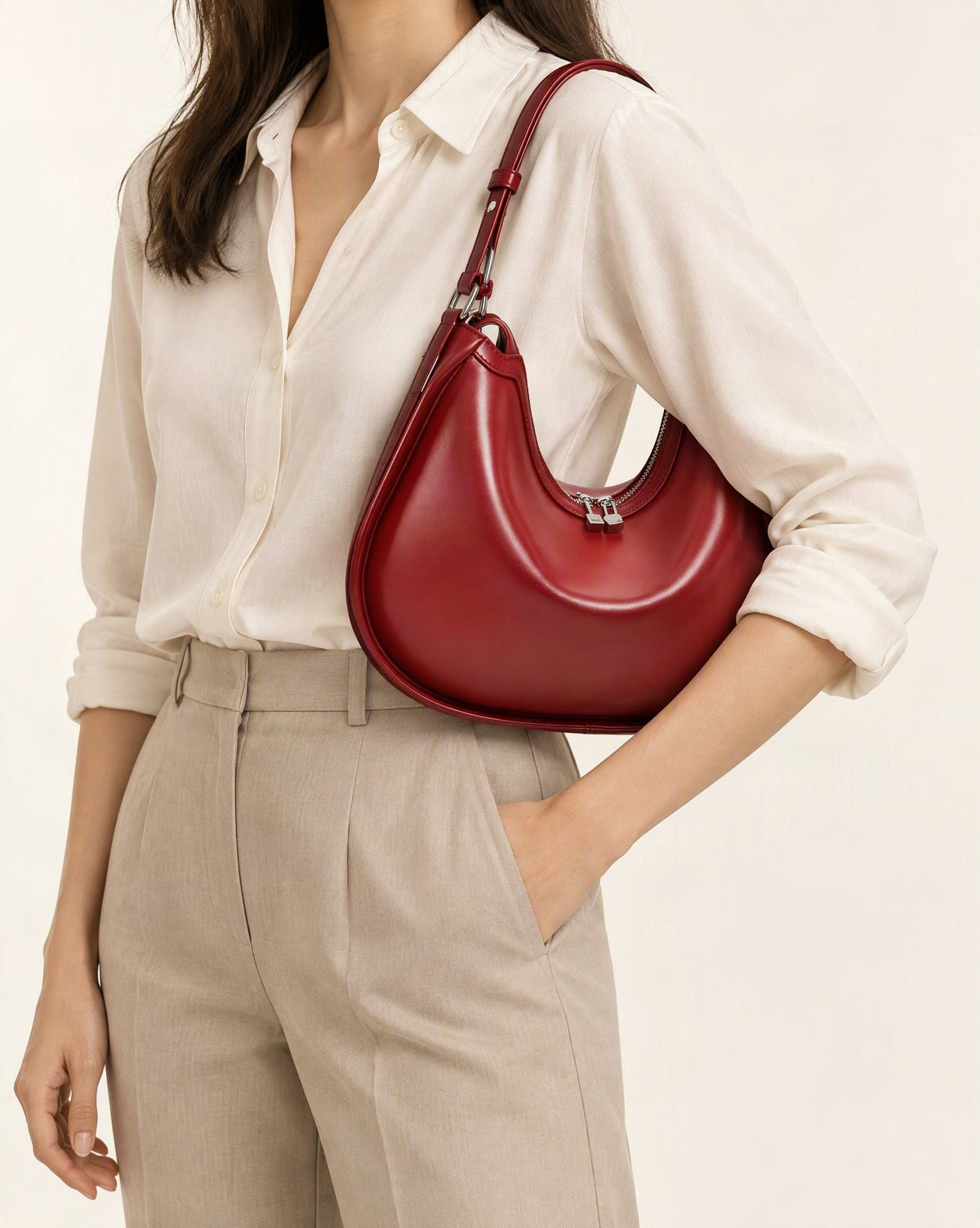 Cowhide Leather Crescent Shoulder Bag worn crossbody