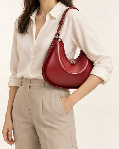 Cowhide Leather Crescent Shoulder Bag worn crossbody