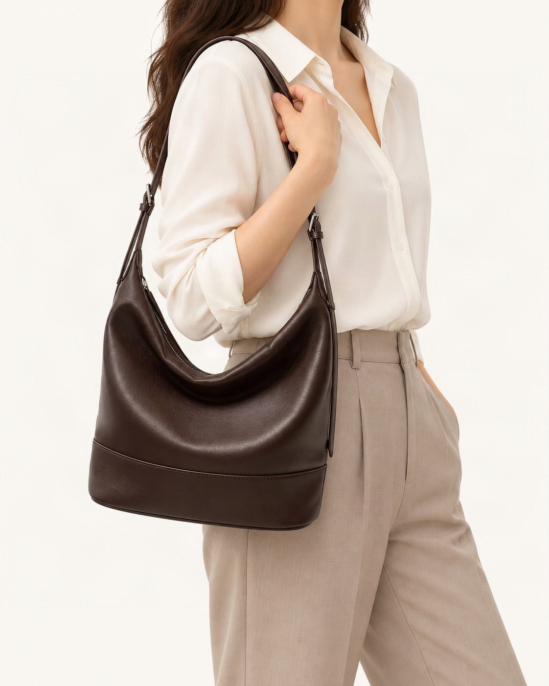Lambskin Small Shoulder Bucket Bag worn on the shoulder