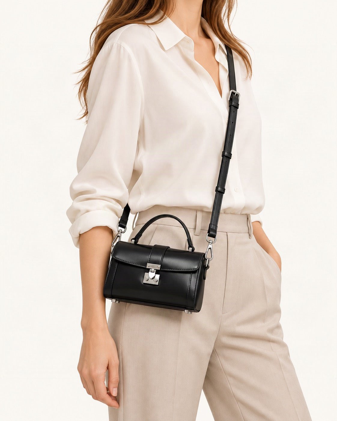 Cowhide Leather Mini Box Crossbody Bag with Lock Clasp worn crossbody