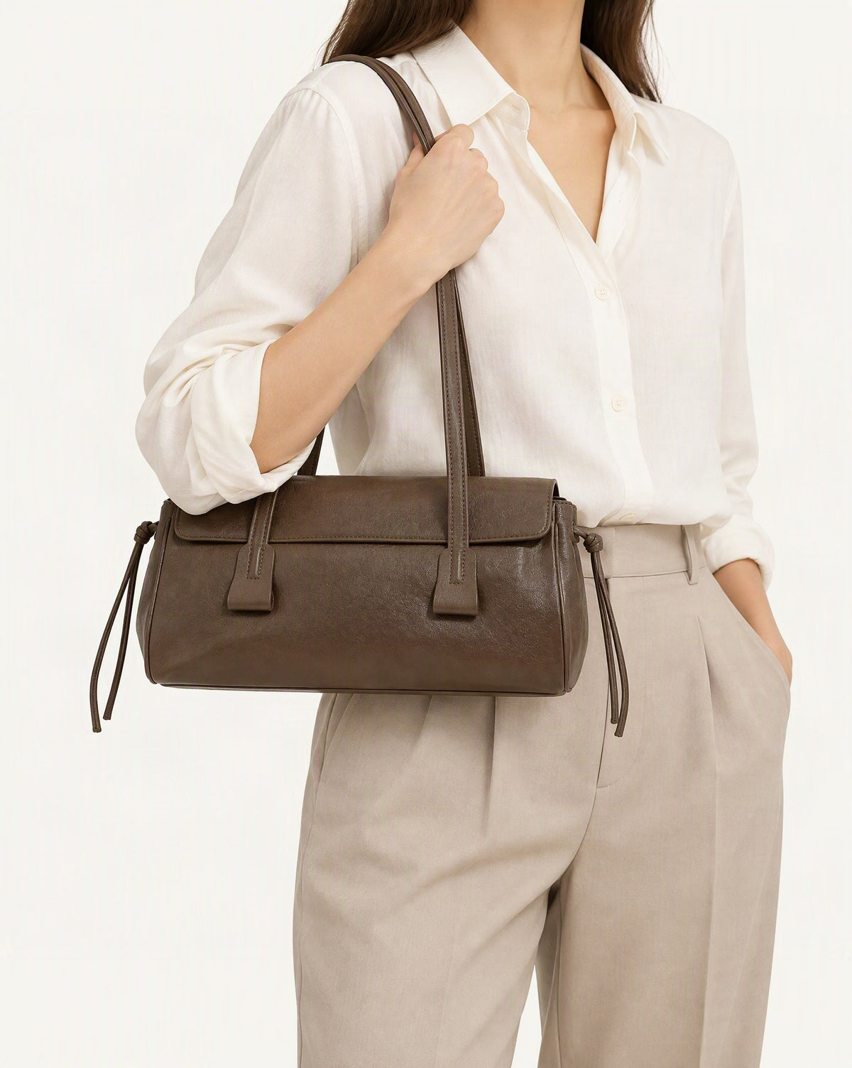 Cowhide Leather Small Plus Shoulder Bag with Top Handles worn crossbody