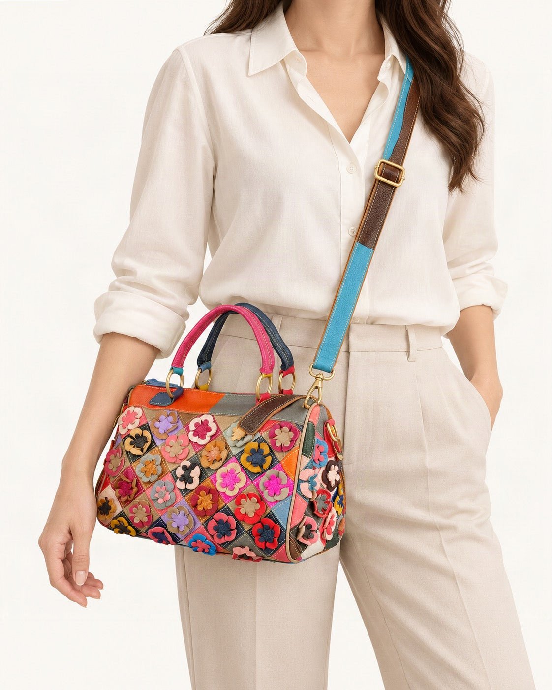 Top-Grain Cowhide Small Plus Boston Crossbody Bag worn crossbody