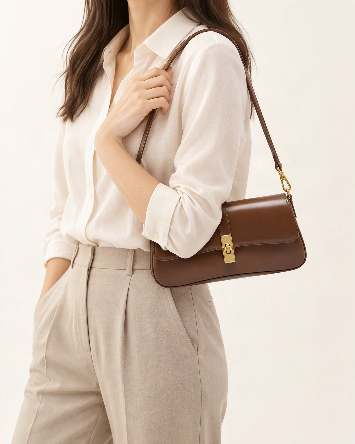Cowhide Leather Small Shoulder Bag with Turn-Lock Closure worn crossbody