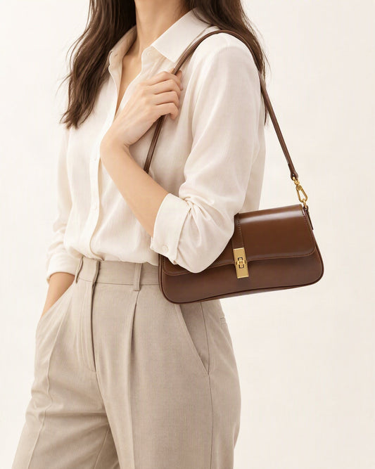 Cowhide Leather Small Shoulder Bag with Turn-Lock Closure worn crossbody