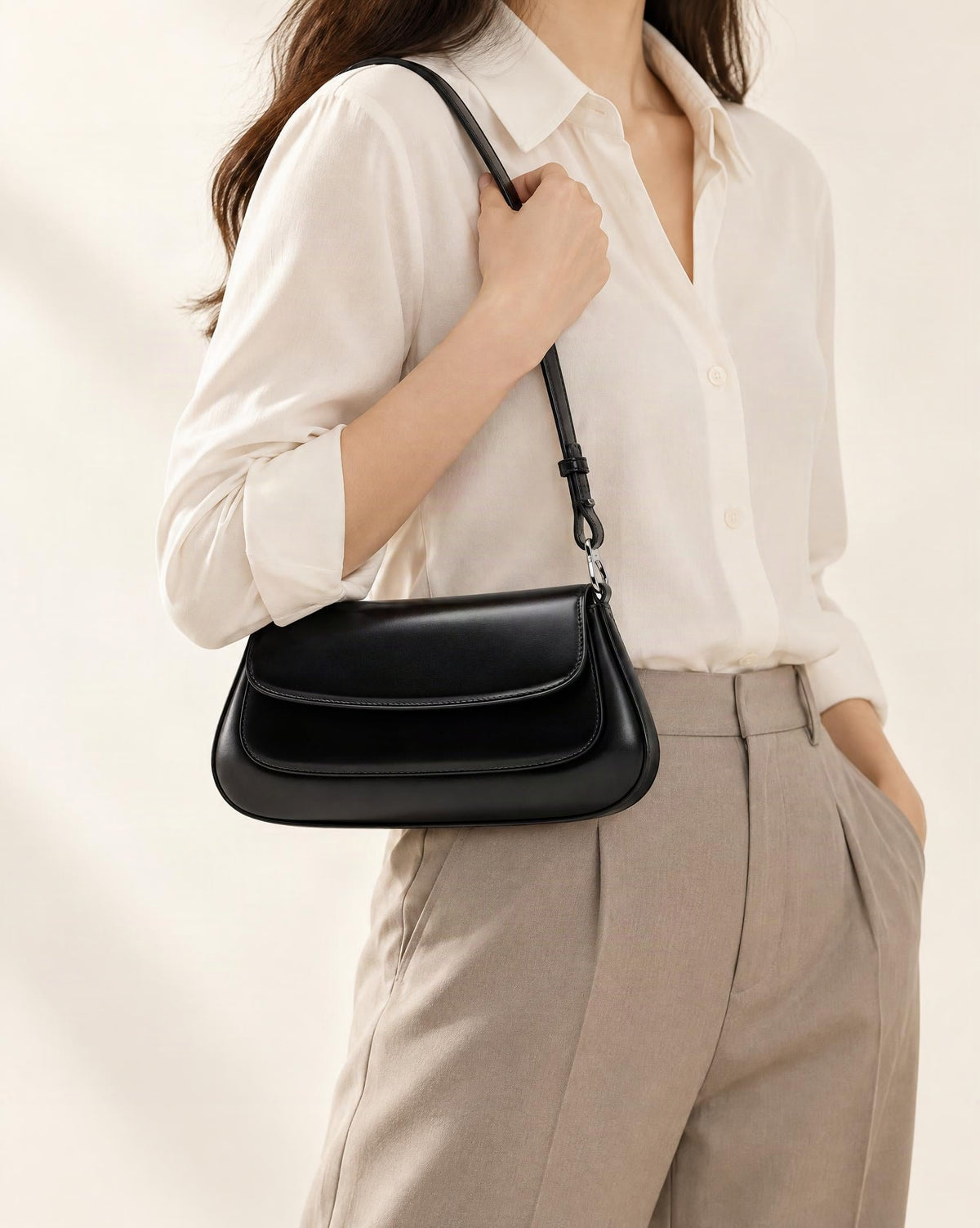 Genuine Cowhide Leather Baguette Shoulder Bag worn crossbody
