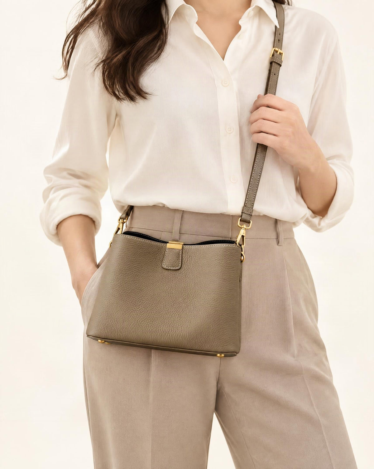 Cowhide Leather Crescent Bucket Bag worn crossbody