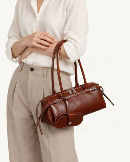 Cowhide Leather Small Barrel Tote with Sunglass Pouch worn crossbody